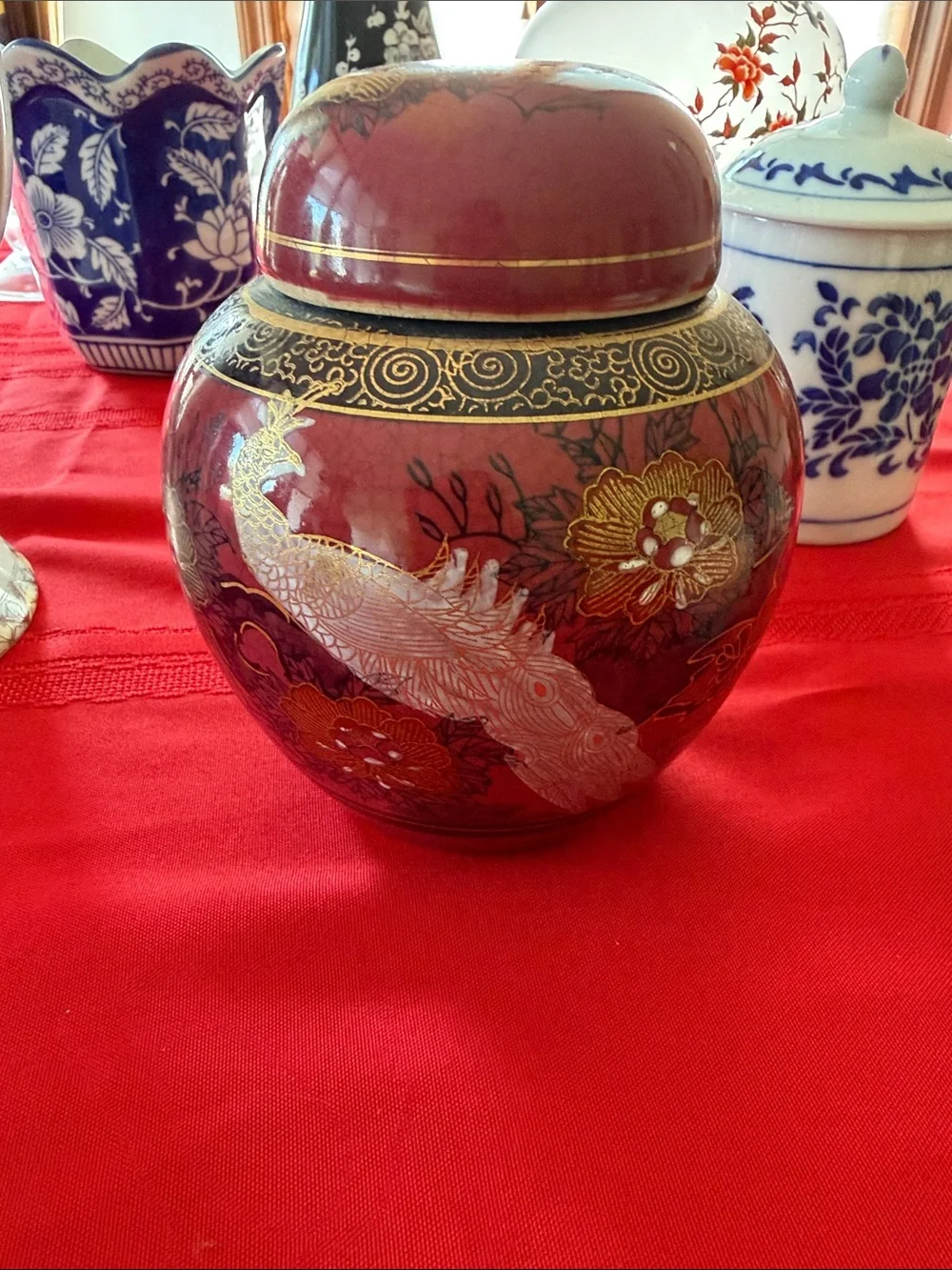 Decorative Red and Gold Lidded Ginger Jar - Home Accents